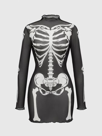 Goth Vestido mini transparente y sexy con estampado de esqueleto gótico para mujeres