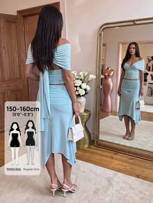 SHEIN PETITE Spring/Summer Women's Casual Commute Light Yellow Knit Ruched Drawstring T-Shirt And Loose Long Pants 2 Pieces Set - Suitable For Casual Commute, Daily Wear, Workplace Commute, Casual Outings And Home Wear. - Baby Blue - View 12