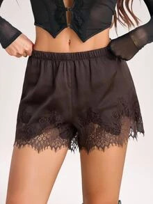 SHEIN Tall Women's Lace Patchwork Casual Versatile Daily Wear Shorts - Coffee Brown - View 4