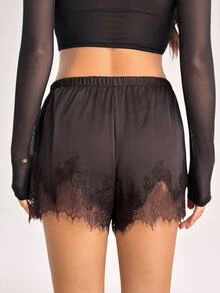SHEIN Tall Women's Lace Patchwork Casual Versatile Daily Wear Shorts - Coffee Brown - View 2