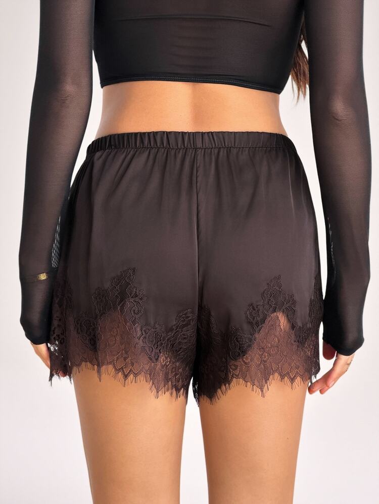 SHEIN Tall 女款蕾絲拼接休閒百搭日常穿著短褲 - 咖啡棕 - 查看 2