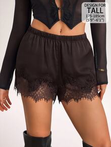SHEIN Tall Women's Lace Patchwork Casual Versatile Daily Wear Shorts - Coffee Brown - View 8