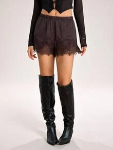 SHEIN Tall Women's Lace Patchwork Casual Versatile Daily Wear Shorts - Coffee Brown - View 7