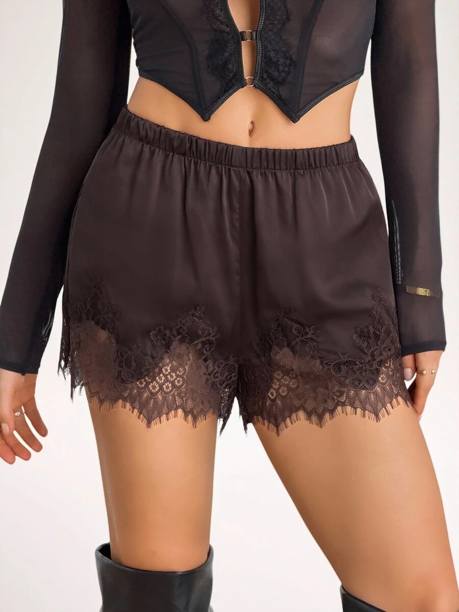 SHEIN Tall Women's Lace Patchwork Casual Versatile Daily Wear Shorts - Coffee Brown - View 1