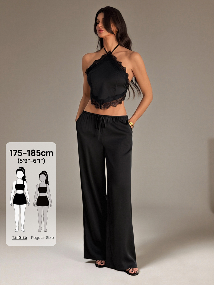 SHEIN Tall Women's Solid Color Contrast Lace Halter Neck Tank Top And Long Pants Fashion 2 Pieces Set - Black - View 6