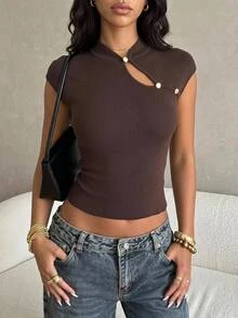 SHEIN Tall Women's Fashion New Chinese Style Stand Collar Pullover Knit Sweater, Solid Coffee Color, Suitable For Back To School Season And Teacher Wear - Brown - View 3