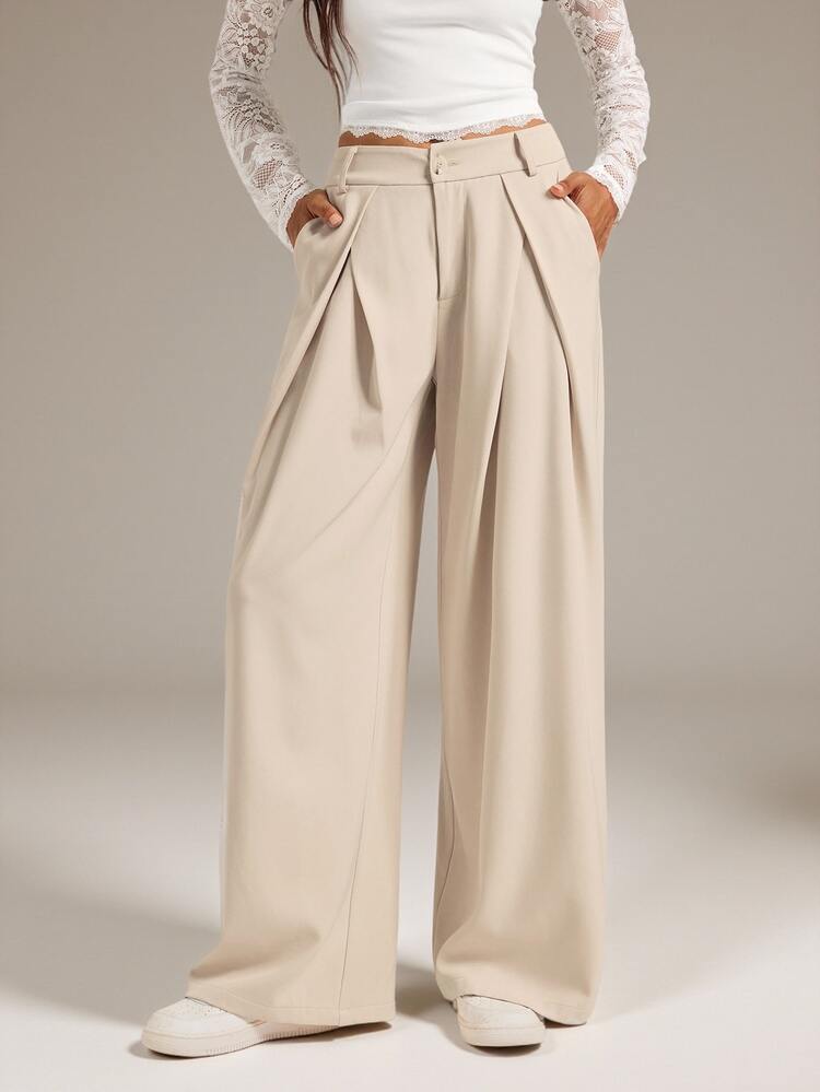 SHEIN Tall Women's Suit Wide Leg Pants With Pleated Detailing - Khaki - View 3