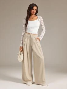 SHEIN Tall Women's Suit Wide Leg Pants With Pleated Detailing - Khaki - View 5