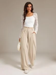 SHEIN Tall Women's Suit Wide Leg Pants With Pleated Detailing - Khaki - View 6