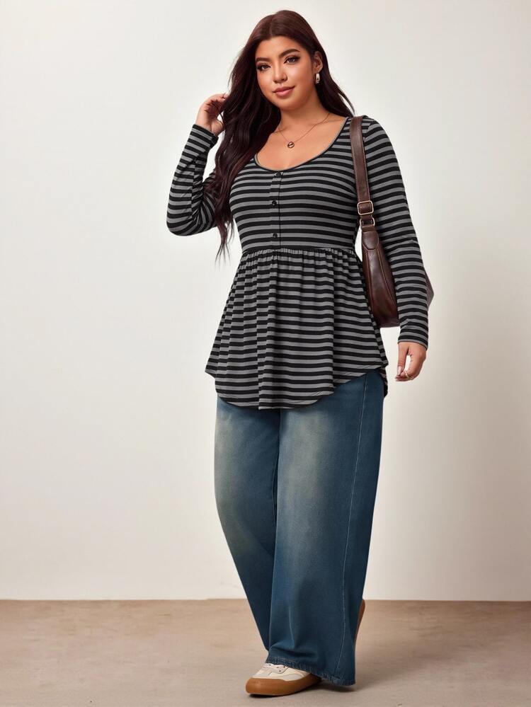 Enliva Plus Size Women's Striped Casual Everyday Stretch Long-Sleeve T-Shirt Apple,Rounded Body Fall Basic Top - Multicolor - View 7