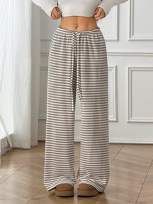 SHEIN PETITE Quần nữ ống rộng dáng suông thoải mái, thắt eo, màu trơn, phong cách thường ngày đa năng - Màu be - Xem 4