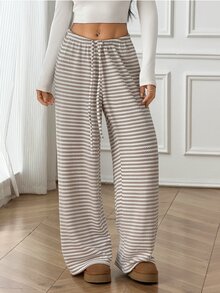 SHEIN PETITE Quần nữ ống rộng dáng suông thoải mái, thắt eo, màu trơn, phong cách thường ngày đa năng - Màu be - Xem 5