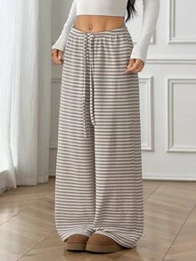 SHEIN PETITE Quần nữ ống rộng dáng suông thoải mái, thắt eo, màu trơn, phong cách thường ngày đa năng - Màu be - Xem 6