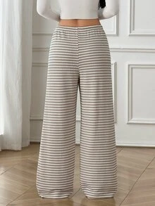 SHEIN PETITE Quần nữ ống rộng dáng suông thoải mái, thắt eo, màu trơn, phong cách thường ngày đa năng - Màu be - Xem 2