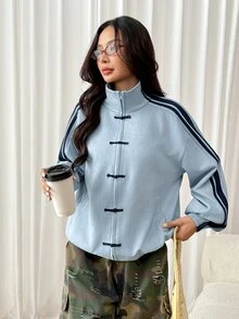 SHEIN PETITE Women's Colorblock Button-Up Casual Streetwear Versatile Daily Long Sleeve Jacket Everyday Going Out Navy Blue Autumn - Blue - View 10