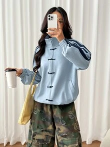 SHEIN PETITE Women's Colorblock Button-Up Casual Streetwear Versatile Daily Long Sleeve Jacket Everyday Going Out Navy Blue Autumn - Blue - View 7