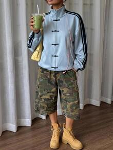 SHEIN PETITE Women's Colorblock Button-Up Casual Streetwear Versatile Daily Long Sleeve Jacket Everyday Going Out Navy Blue Autumn - Blue - View 4