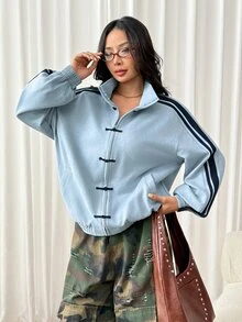 SHEIN PETITE Women's Colorblock Button-Up Casual Streetwear Versatile Daily Long Sleeve Jacket Everyday Going Out Navy Blue Autumn - Blue - View 9