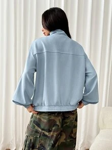 SHEIN PETITE Women's Colorblock Button-Up Casual Streetwear Versatile Daily Long Sleeve Jacket Everyday Going Out Navy Blue Autumn - Blue - View 6