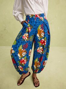 LOTSLUV Women's Early Autumn Blue Leopard Floral Print Tapered-Leg Pants,Elastic Waist,Pockets,Casual,Western,Diwali,Commute,Vacation Outfits Women - Royal Blue - View 4