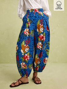 LOTSLUV Women's Early Autumn Blue Leopard Floral Print Tapered-Leg Pants,Elastic Waist,Pockets,Casual,Western,Diwali,Commute,Vacation Outfits Women - Royal Blue - View 6