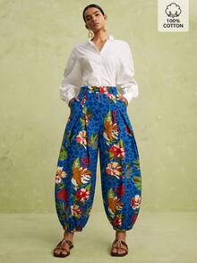 LOTSLUV Women's Early Autumn Blue Leopard Floral Print Tapered-Leg Pants,Elastic Waist,Pockets,Casual,Western,Diwali,Commute,Vacation Outfits Women - Royal Blue - View 1