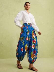 LOTSLUV Women's Early Autumn Blue Leopard Floral Print Tapered-Leg Pants,Elastic Waist,Pockets,Casual,Western,Diwali,Commute,Vacation Outfits Women - Royal Blue - View 7