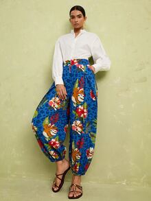 LOTSLUV Women's Early Autumn Blue Leopard Floral Print Tapered-Leg Pants,Elastic Waist,Pockets,Casual,Western,Diwali,Commute,Vacation Outfits Women - Royal Blue - View 8
