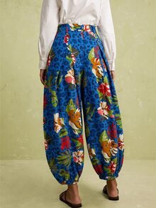 LOTSLUV Women's Early Autumn Blue Leopard Floral Print Tapered-Leg Pants,Elastic Waist,Pockets,Casual,Western,Diwali,Commute,Vacation Outfits Women - Royal Blue - View 2