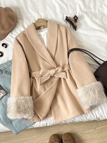 SHEIN Mantel Remaja Perempuan Musim Gugur/Dingin, Mantel Baru Warna Aprikot dengan Motif Bulu Imitasi dan Aksen Pinggang - Aprikot - View 7