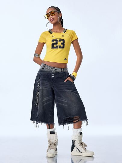 Y2Kool T-shirt débardeur femme jaune en tissu patchwork avec numéro 23 et étoile, style Y2K Hot Girl, streetwear décontracté dark punk, pour été, automne, fête, vacances aux îles, festival de musique, festival de musique électronique, quotidien, Halloween, tenue de sport