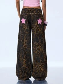 Y2Kool BiGraphic Women's Sexy Leopard Print Rivet Button Denim Jeans - Brown - View 8