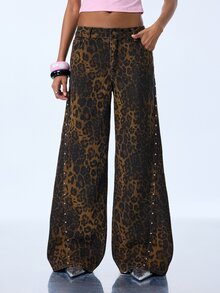 Y2Kool BiGraphic Women's Sexy Leopard Print Rivet Button Denim Jeans - Brown - View 4