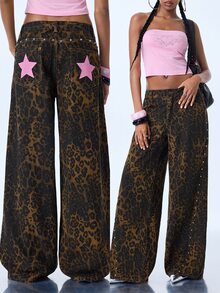 Y2Kool BiGraphic Women's Sexy Leopard Print Rivet Button Denim Jeans - Brown - View 3