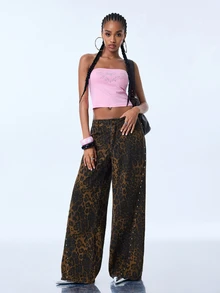 Y2Kool BiGraphic Women's Sexy Leopard Print Rivet Button Denim Jeans - Brown - View 6