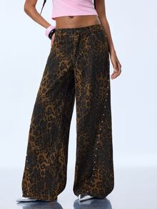 Y2Kool BiGraphic Women's Sexy Leopard Print Rivet Button Denim Jeans - Brown - View 5