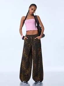 Y2Kool BiGraphic Women's Sexy Leopard Print Rivet Button Denim Jeans - Brown - View 7