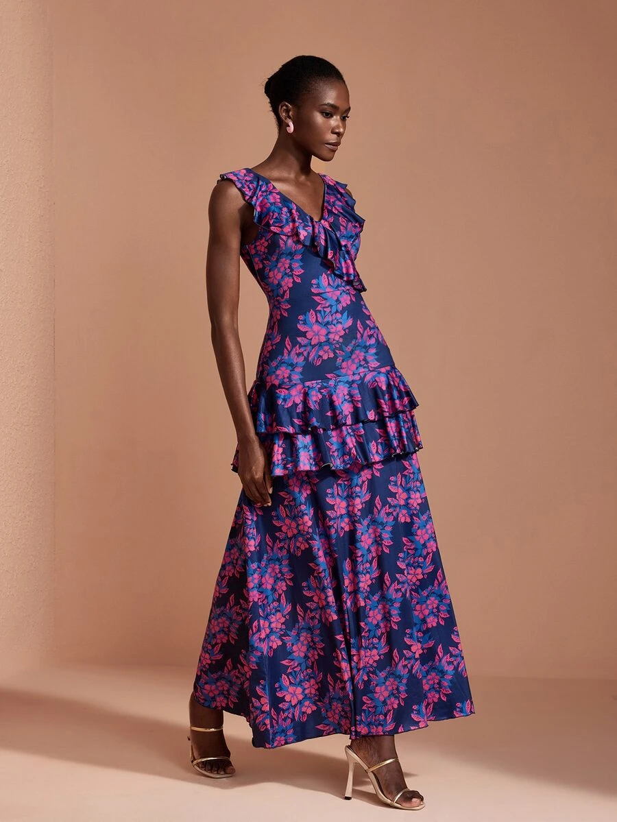 JIAN LASALA Knit Ruffle Sleeveless V Neckline Overlapped Double Layers Long Dress Elegant Vacation - Multicolor - View 1