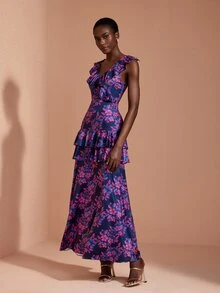 JIAN LASALA Knit Ruffle Sleeveless V Neckline Overlapped Double Layers Long Dress Elegant Vacation - Multicolor - View 5