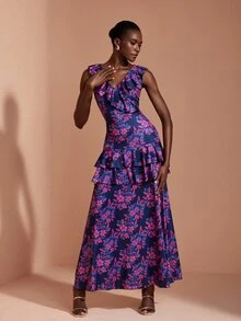 JIAN LASALA Knit Ruffle Sleeveless V Neckline Overlapped Double Layers Long Dress Elegant Vacation - Multicolor - View 4