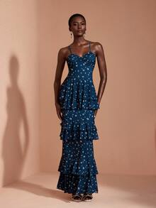 JIAN LASALA Knit Floral Print Adjustable Strap Sweetheart Bustier Multi Ruffle Layers Long Dress Elegant - Blue - View 3