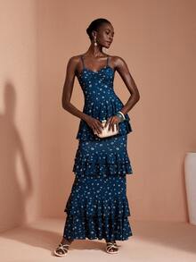 JIAN LASALA Knit Floral Print Adjustable Strap Sweetheart Bustier Multi Ruffle Layers Long Dress Elegant - Blue - View 5