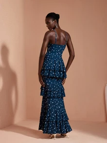 JIAN LASALA Knit Floral Print Adjustable Strap Sweetheart Bustier Multi Ruffle Layers Long Dress Elegant - Blue - View 2