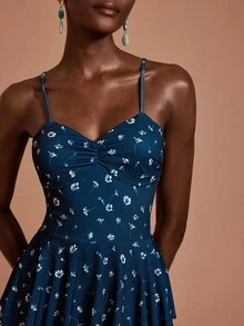 JIAN LASALA Knit Floral Print Adjustable Strap Sweetheart Bustier Multi Ruffle Layers Long Dress Elegant - Blue - View 6