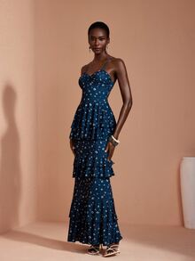 JIAN LASALA Knit Floral Print Adjustable Strap Sweetheart Bustier Multi Ruffle Layers Long Dress Elegant - Blue - View 4
