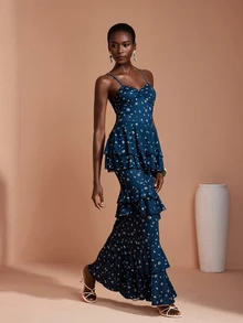 JIAN LASALA Knit Floral Print Adjustable Strap Sweetheart Bustier Multi Ruffle Layers Long Dress Elegant - Blue - View 1