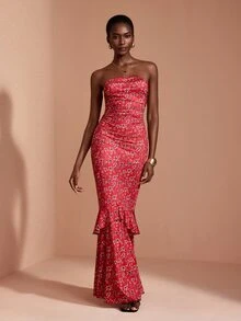 JIAN LASALA Knit Floral Print Off Should Tube Top Ruched Ruffle Hemline Long Dress Elegant Vacation - Red - View 4