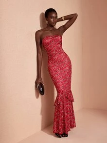 JIAN LASALA Knit Floral Print Off Should Tube Top Ruched Ruffle Hemline Long Dress Elegant Vacation - Red - View 7