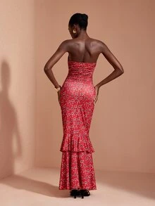 JIAN LASALA Knit Floral Print Off Should Tube Top Ruched Ruffle Hemline Long Dress Elegant Vacation - Red - View 2