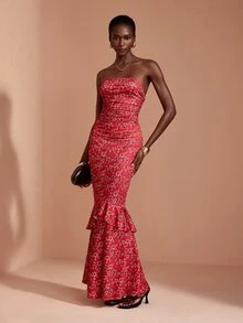 JIAN LASALA Knit Floral Print Off Should Tube Top Ruched Ruffle Hemline Long Dress Elegant Vacation - Red - View 5